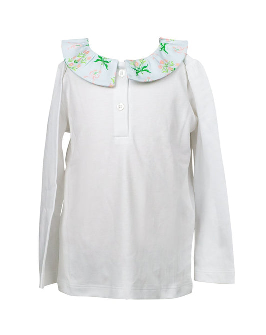 Proper Peony Pima Girls White Knit Top with Blue Floral Margot Collar