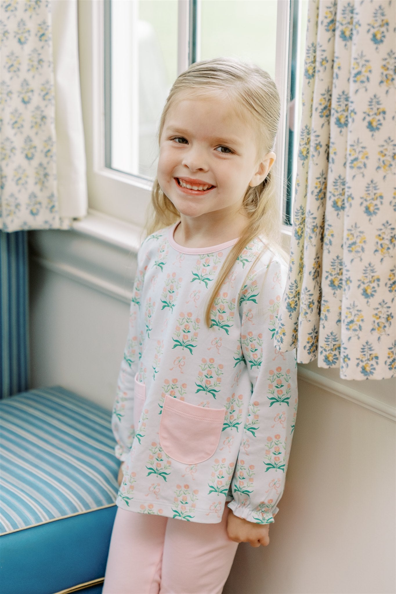 Proper Peony Pima Girls Pink Leggings with Blue Floral Margot Tunic Top