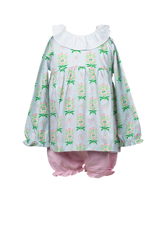 Proper Peony Pima Girls Blue & Pink Margot Floral Bloomers Set