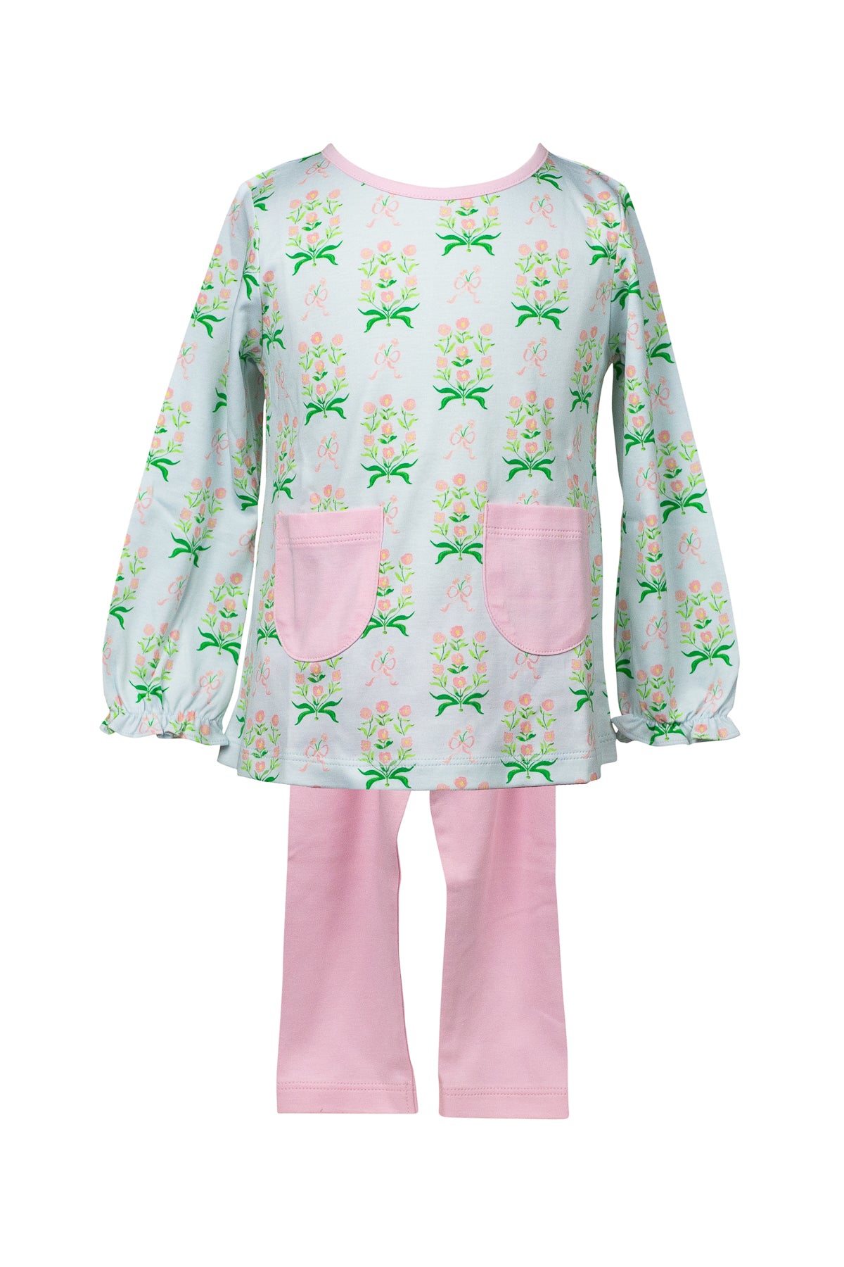 Proper Peony Pima Girls Pink Leggings with Blue Floral Margot Tunic Top