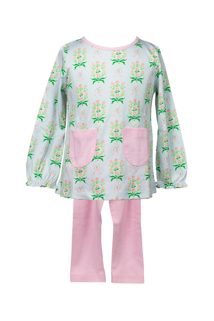 Proper Peony Pima Girls Pink Leggings with Blue Floral Margot Tunic Top