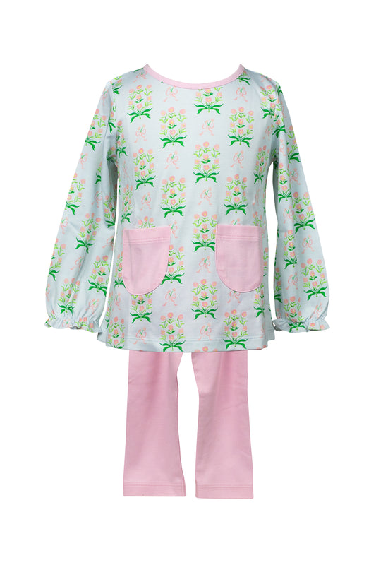 Proper Peony Pima Girls Pink Leggings with Blue Floral Margot Tunic Top