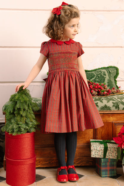 Antoinette Paris Girls Red Holiday Plaid Smocked Marguerite Dress with Red Collar