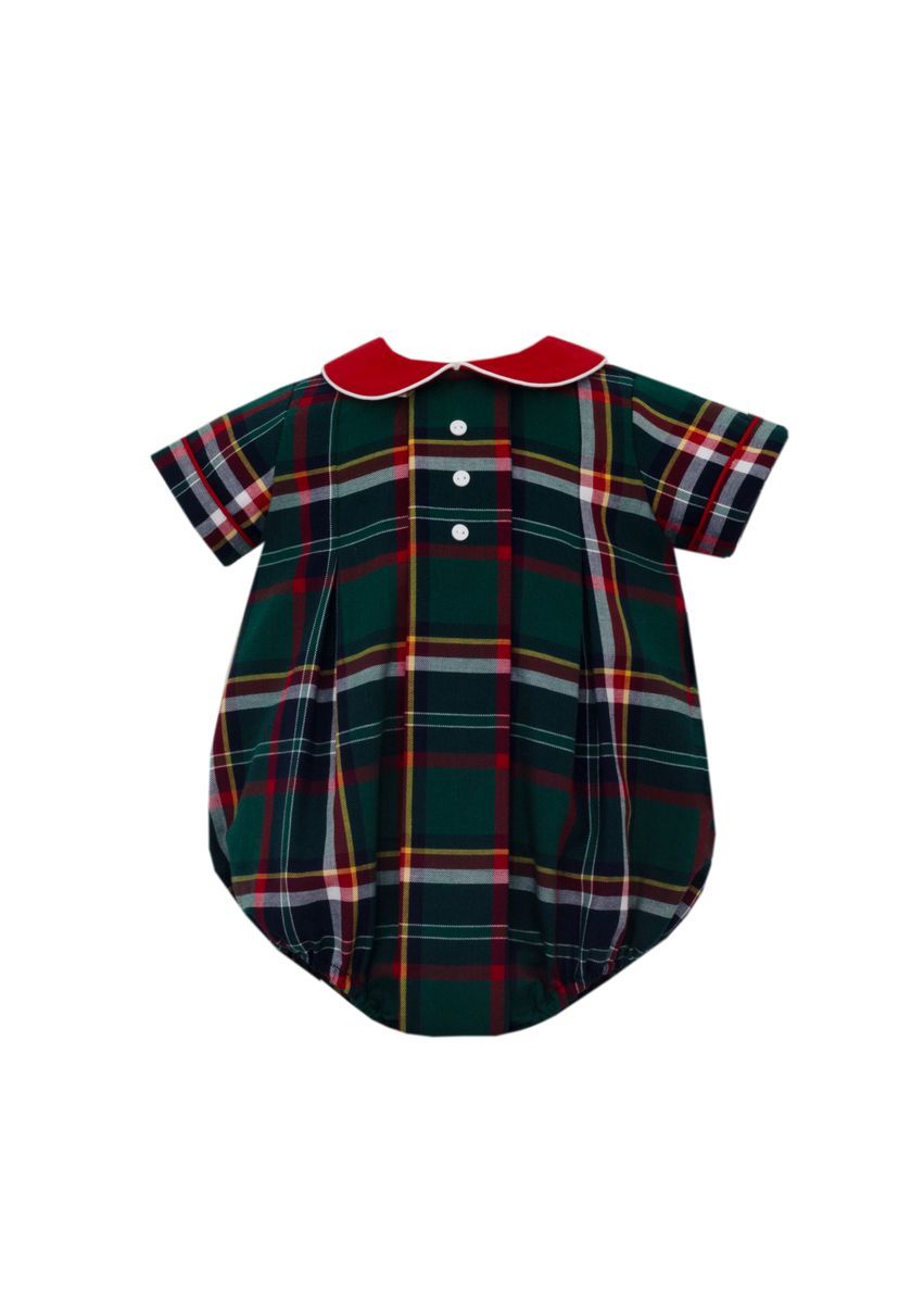 Claire & Charlie Boys Holiday Green & Red Plaid Bubble with Red Collar