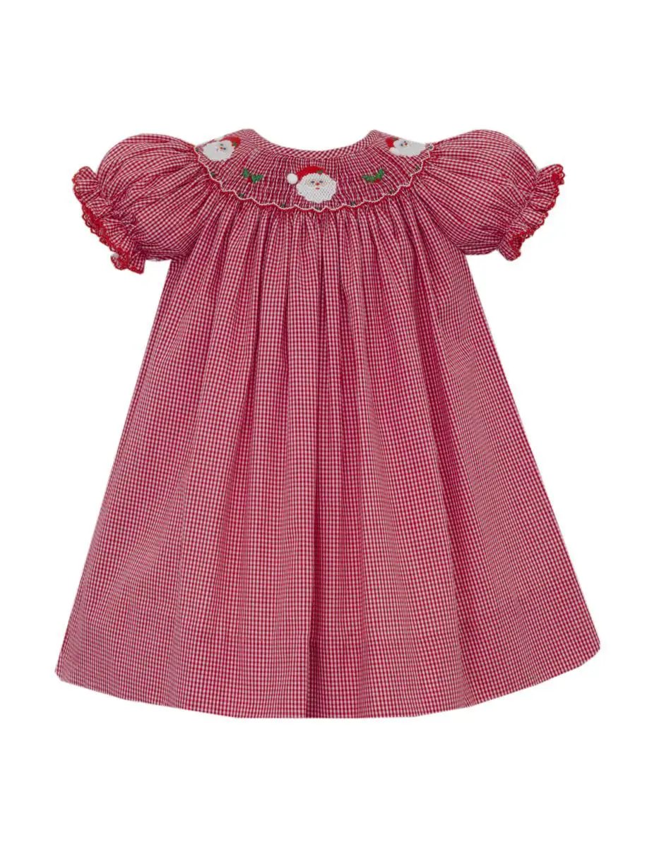 Petit Bebe Girls Red Gingham Smocked Santa Face Short Sleeve Bishop Dress