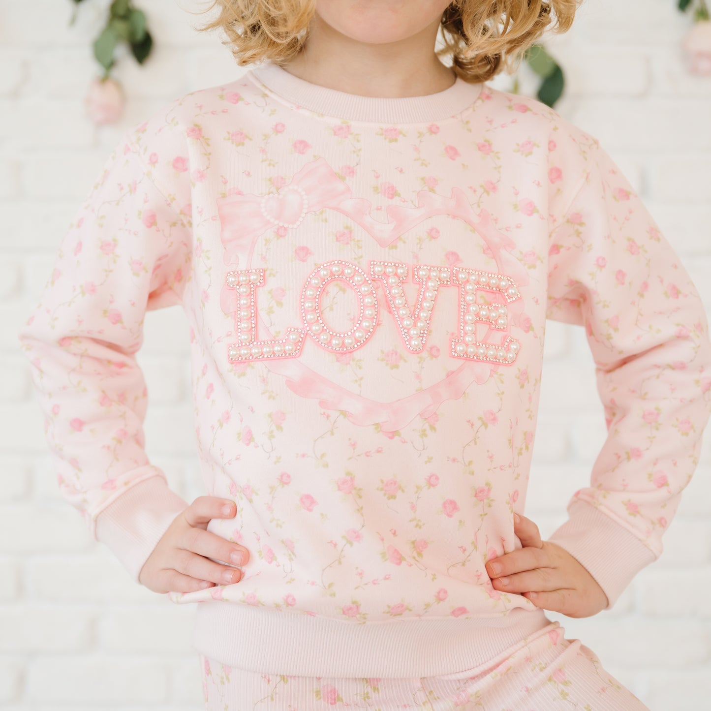 Sweet Wink Girls Pink Rose Floral Love Patch Sweatshirt - Pink by Sweet Wink