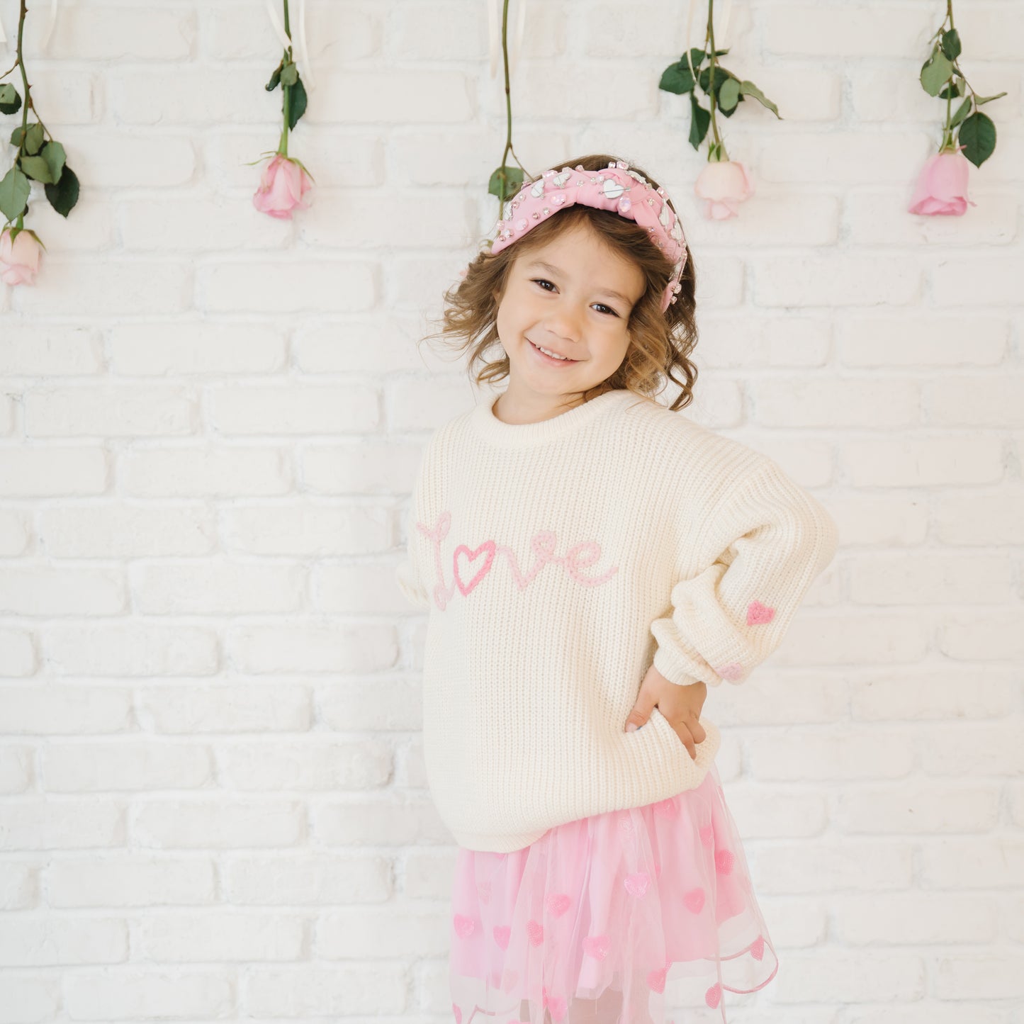 Sweet Wink Girls Ivory Ditsy Love Valentine's Day Knit Sweater by Sweet Wink