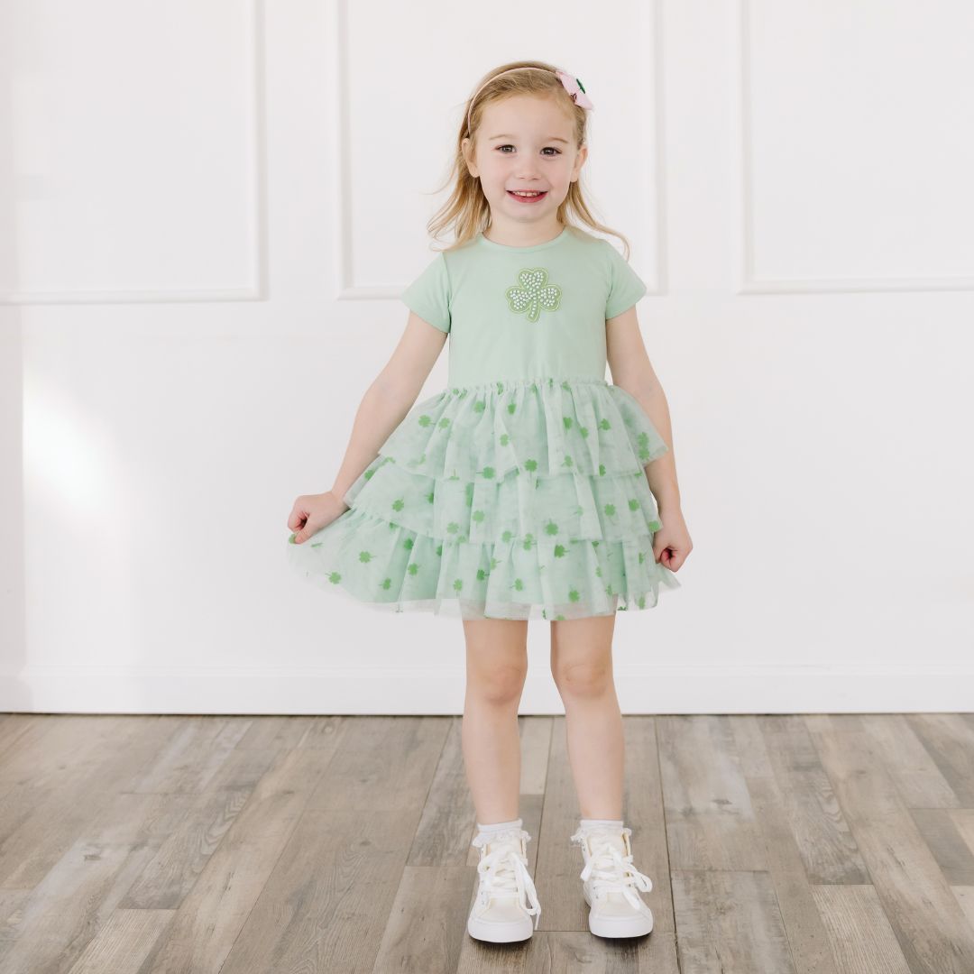 Sweet Wink Girls Green Flocked St. Patrick's Day Shamrock Tiered Tutu Dress