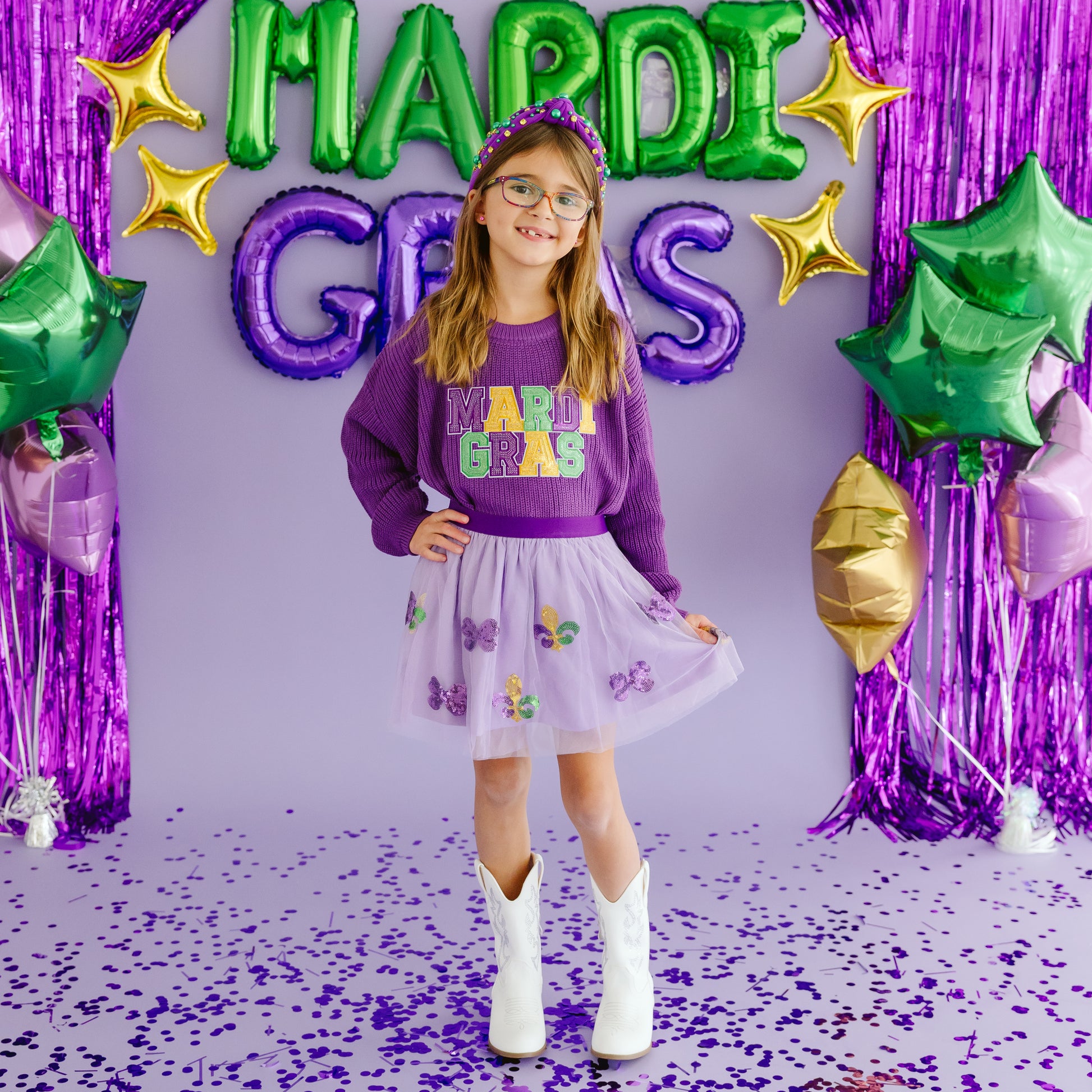 Sweet Wink Girls Mardi Gras Knit Sweater - Purple with Sequins