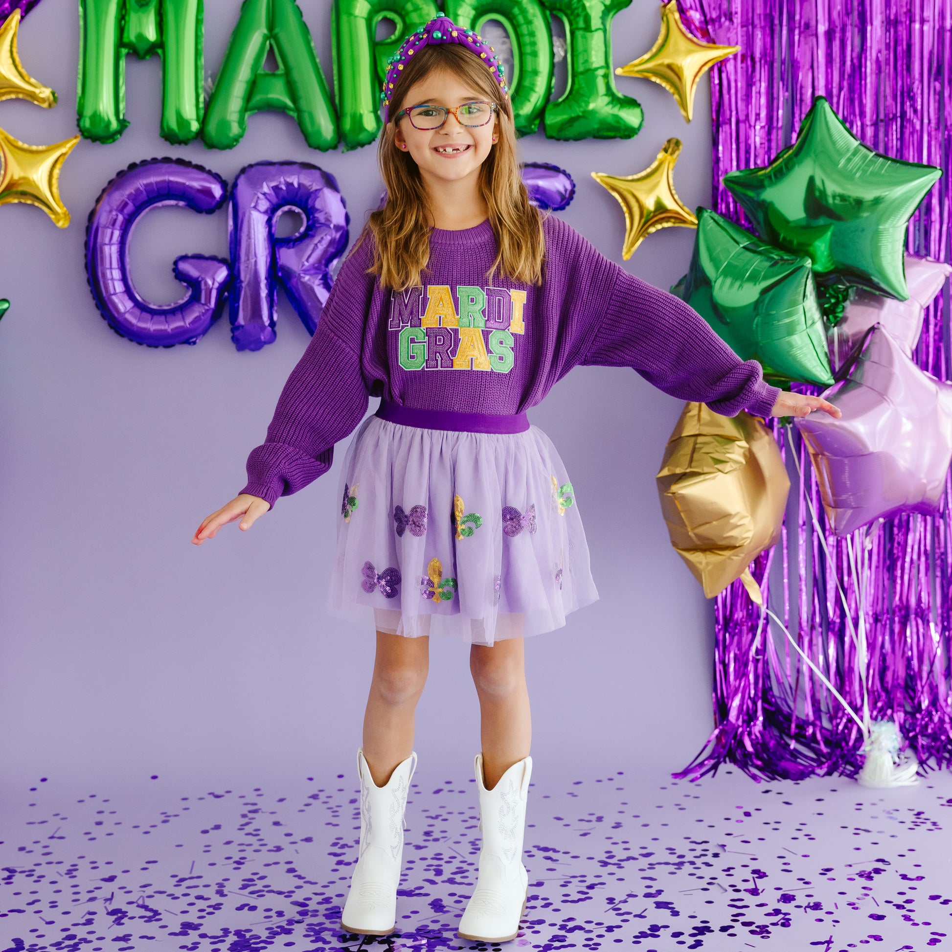 Sweet Wink Girls Mardi Gras Knit Sweater - Purple with Sequins