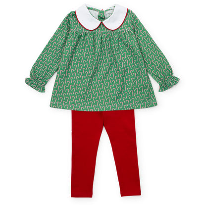 Lila & Hayes Girls Morgan Leggings Set - Red Legging with Green Candy Cane Lane Top by Lila & Hayes