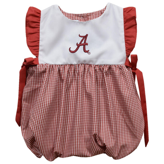 Vive la Fete Baby Girls Embroidered Red Gingham Bubble - Side Bows - Alabama Crimson Tide