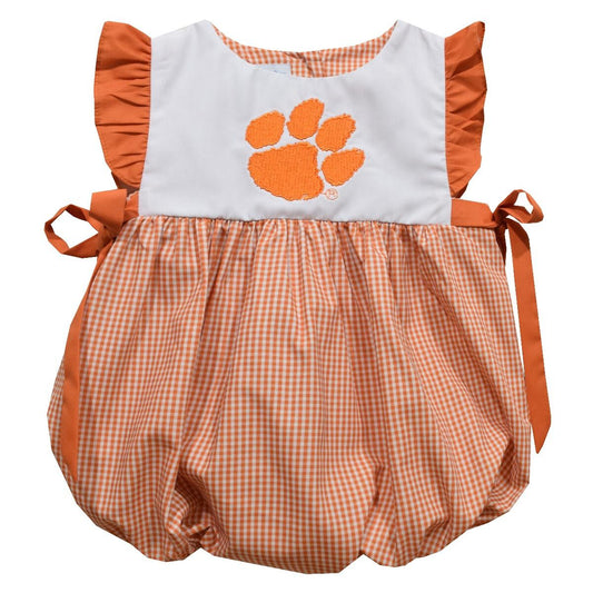 Vive la Fete Baby Girls Embroidered Orange Gingham Bubble - Side Bows - Clemson Tiger Paw