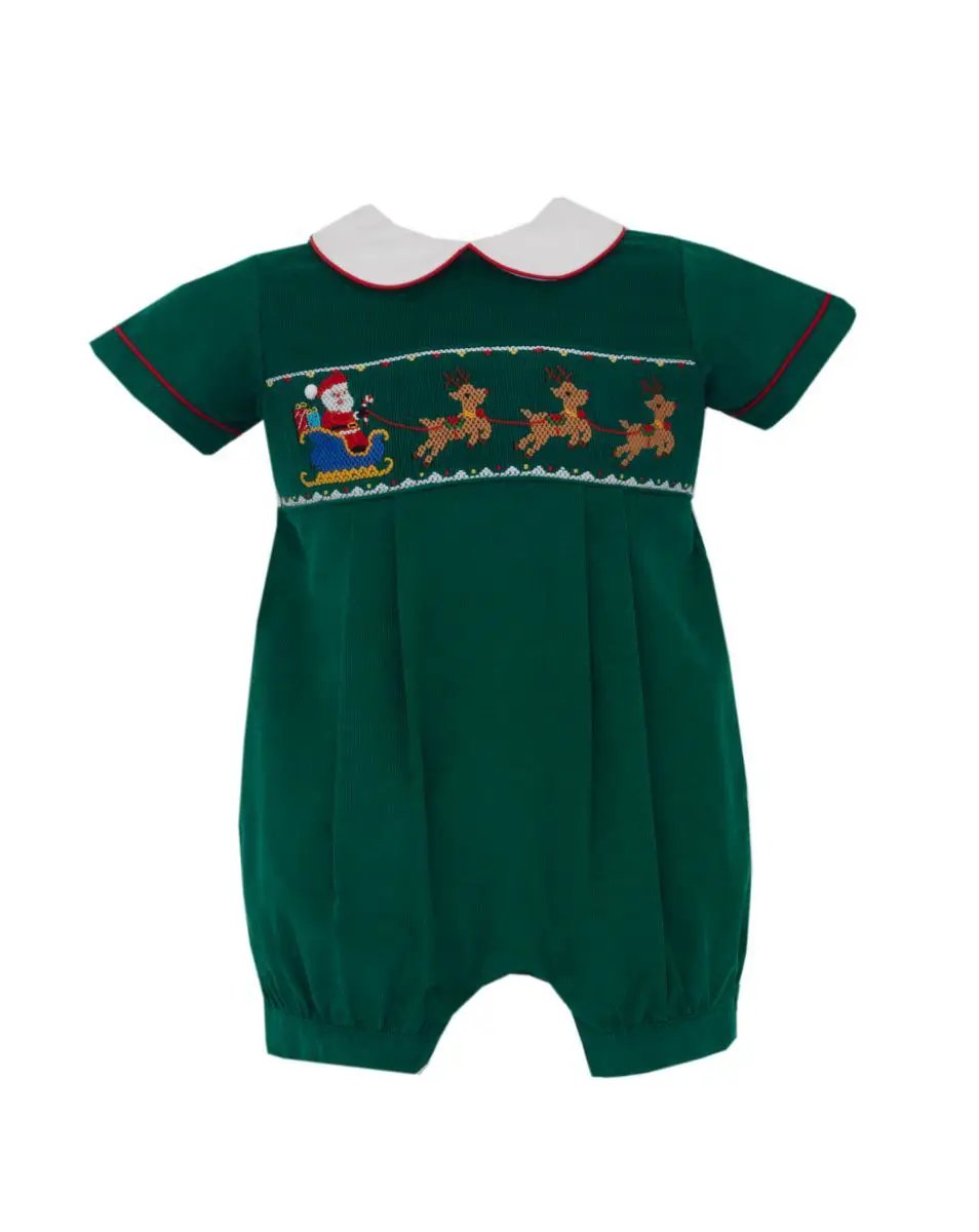Anavini Boys Green Corduroy Smocked Santa Sleigh Short Sleeve Bubble