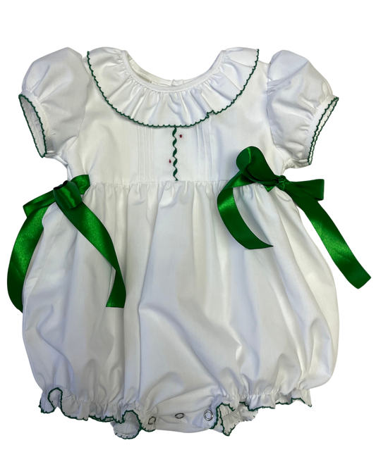 LuLu BeBe Baby Girls White Christmas Bubble - Green Embroidery & Side Bows by LuLu BeBe