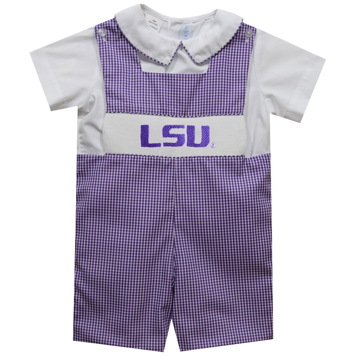 Vive la Fete Boys Smocked Purple Gingham Jon Jon and Shirt - LSU