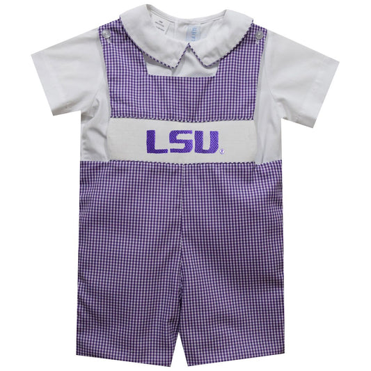 Vive la Fete Boys Smocked Purple Gingham Jon Jon and Shirt - LSU