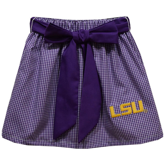 Vive la Fete Girls Embroidered Purple Gingham Skirt with Sash - LSU