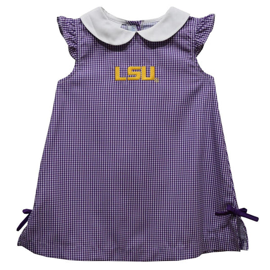 Vive la Fete Girls Embroidered Purple Gingham A-Line Dress - LSU