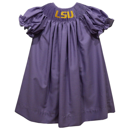 Vive la Fete Girls Smocked Purple Gingham Bishop Dress - LSU