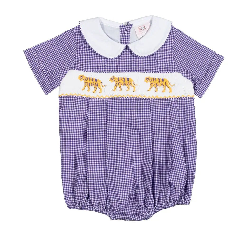 Shop Teeta Boys Noah Bubble - Purple Gingham with Smocked LSU Tigers