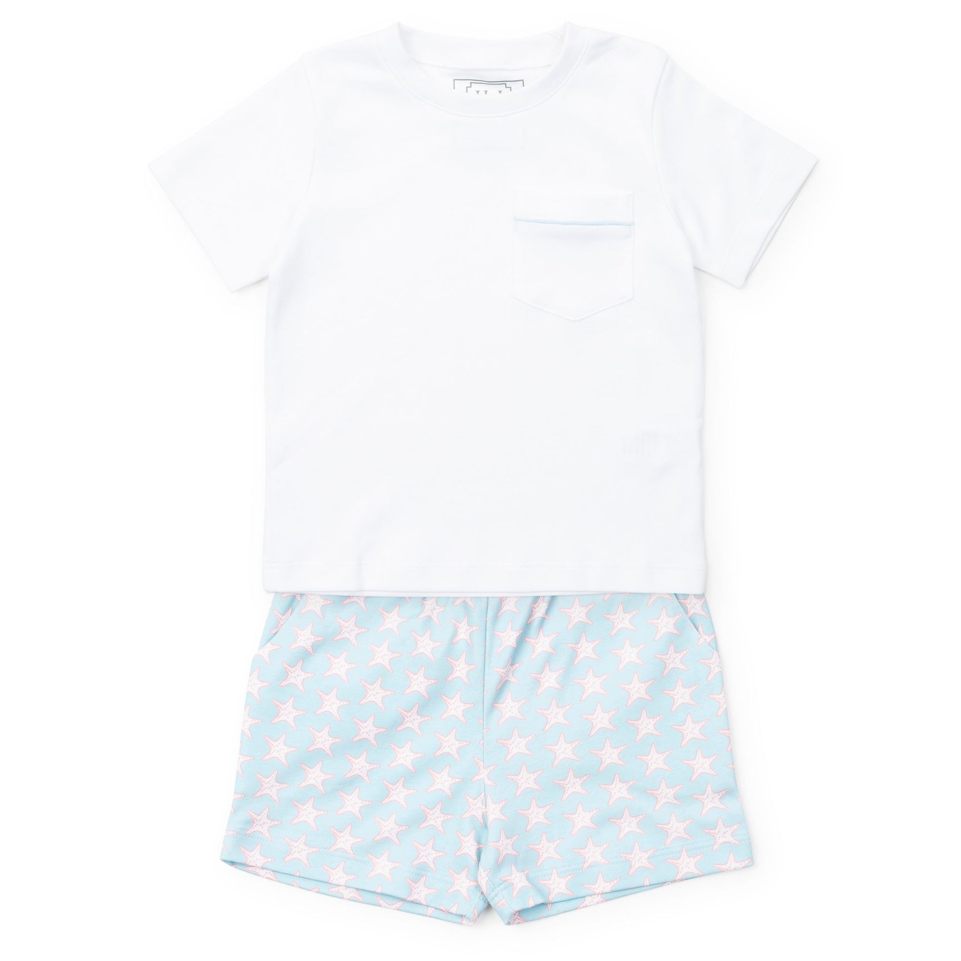 Lila & Hayes Boys Walker Short Set - Blue Seaside Starfish with White Shirt