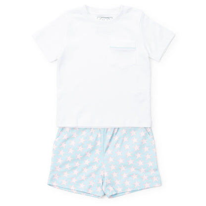 Lila & Hayes Boys Walker Short Set - Blue Seaside Starfish with White Shirt by Lila & Hayes