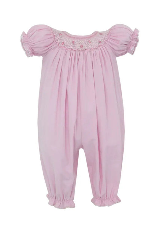 Petit Bebe Girls Pink Corduroy Smocked Long Romper - Short Sleeve