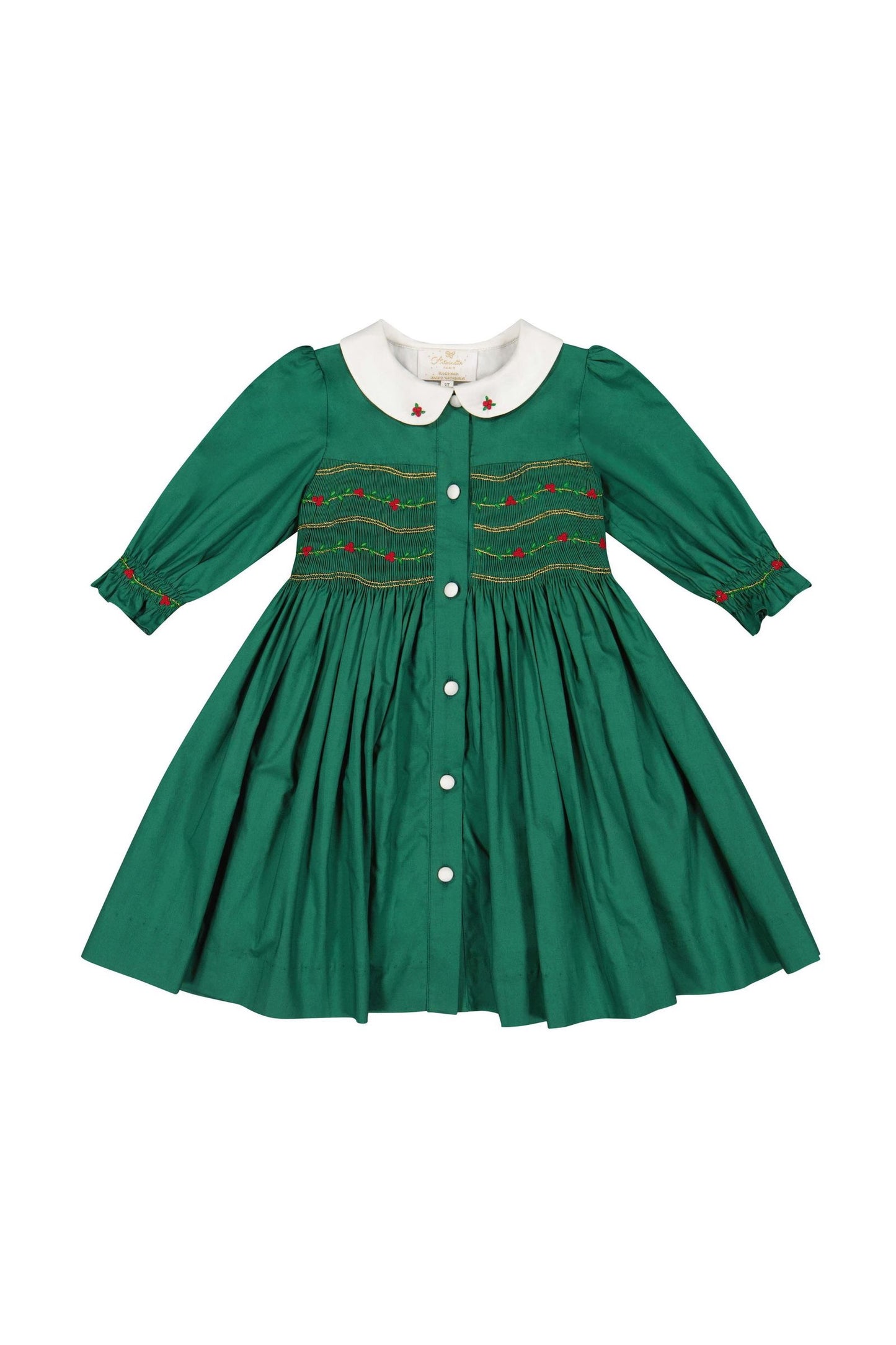 Antoinette Paris Girls Smocked Button Front Dress - White Collar - Green