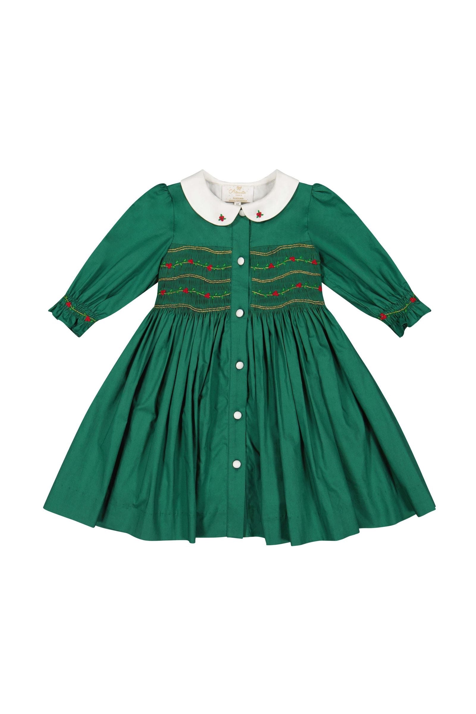Antoinette Paris Girls Smocked Button Front Dress - White Collar - Green