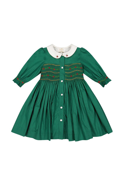 Antoinette Paris Girls Smocked Button Front Dress - White Collar - Green