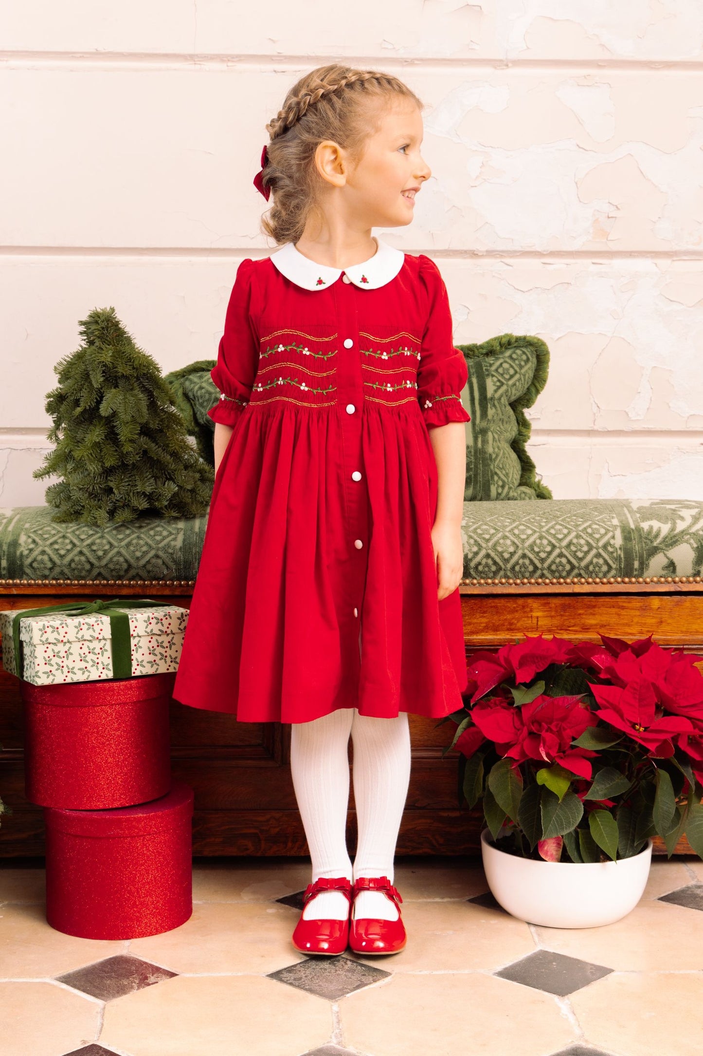 Antoinette Paris Girls Smocked Button Front Olympe Christmas Dress - White Collar - Red
