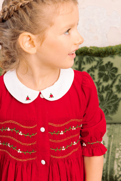 Antoinette Paris Girls Smocked Button Front Olympe Christmas Dress - White Collar - Red