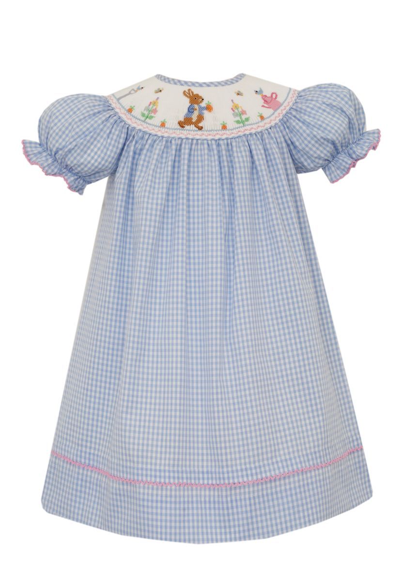 Anavini Girls Blue Gingham Smocked Peter Rabbit Bishop Dress