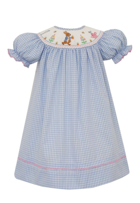 Anavini Girls Blue Gingham Smocked Peter Rabbit Bishop Dress by Anavini