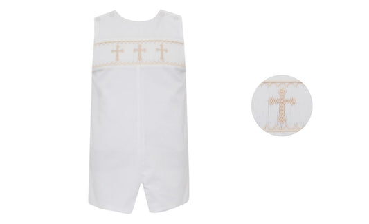 Petit Bebe Boys White Poplin Cross Shortall with White Poplin Shirt by Petit Bebe