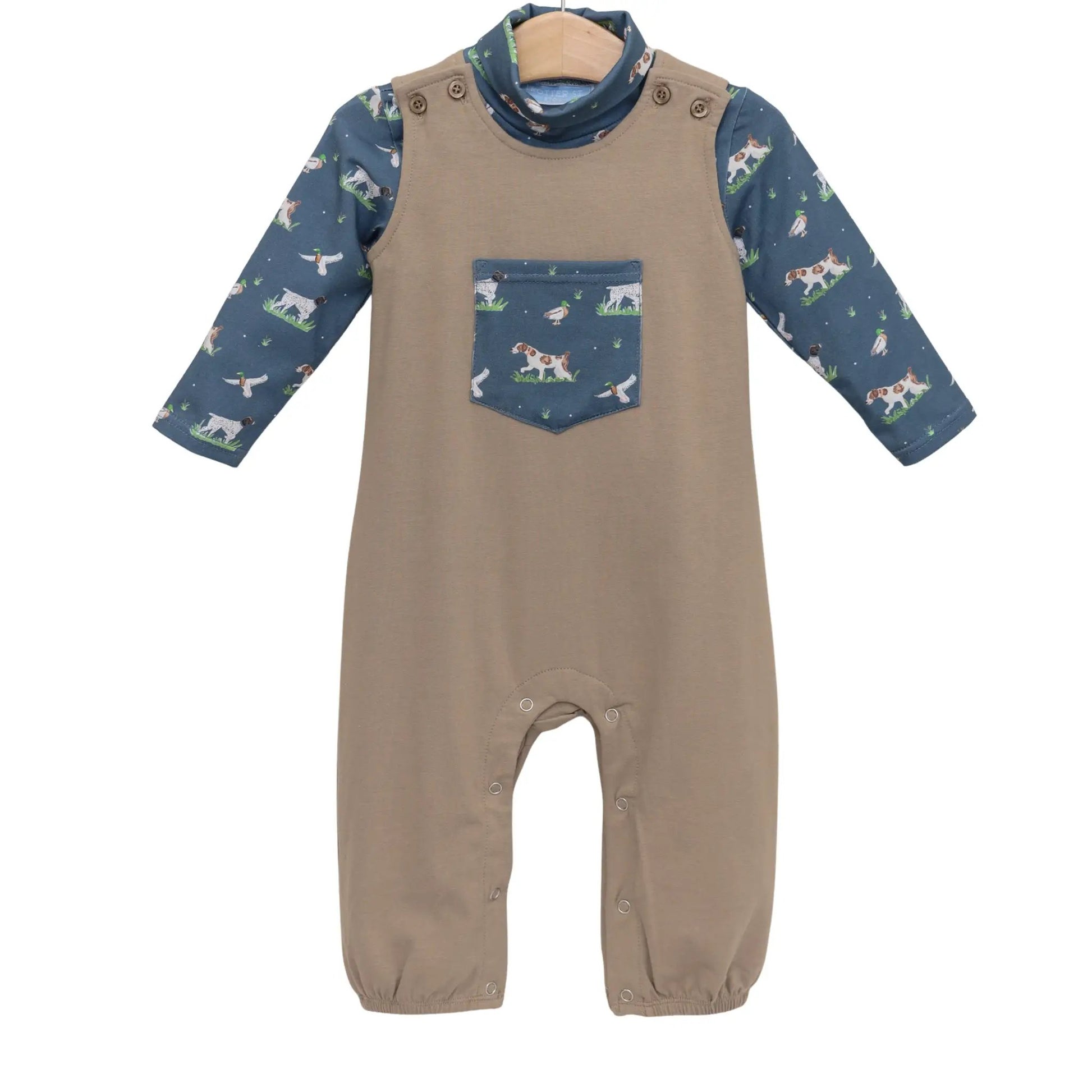 Trotter Street Kids Baby Boys Tan & Blue On the Hunt Longall Set