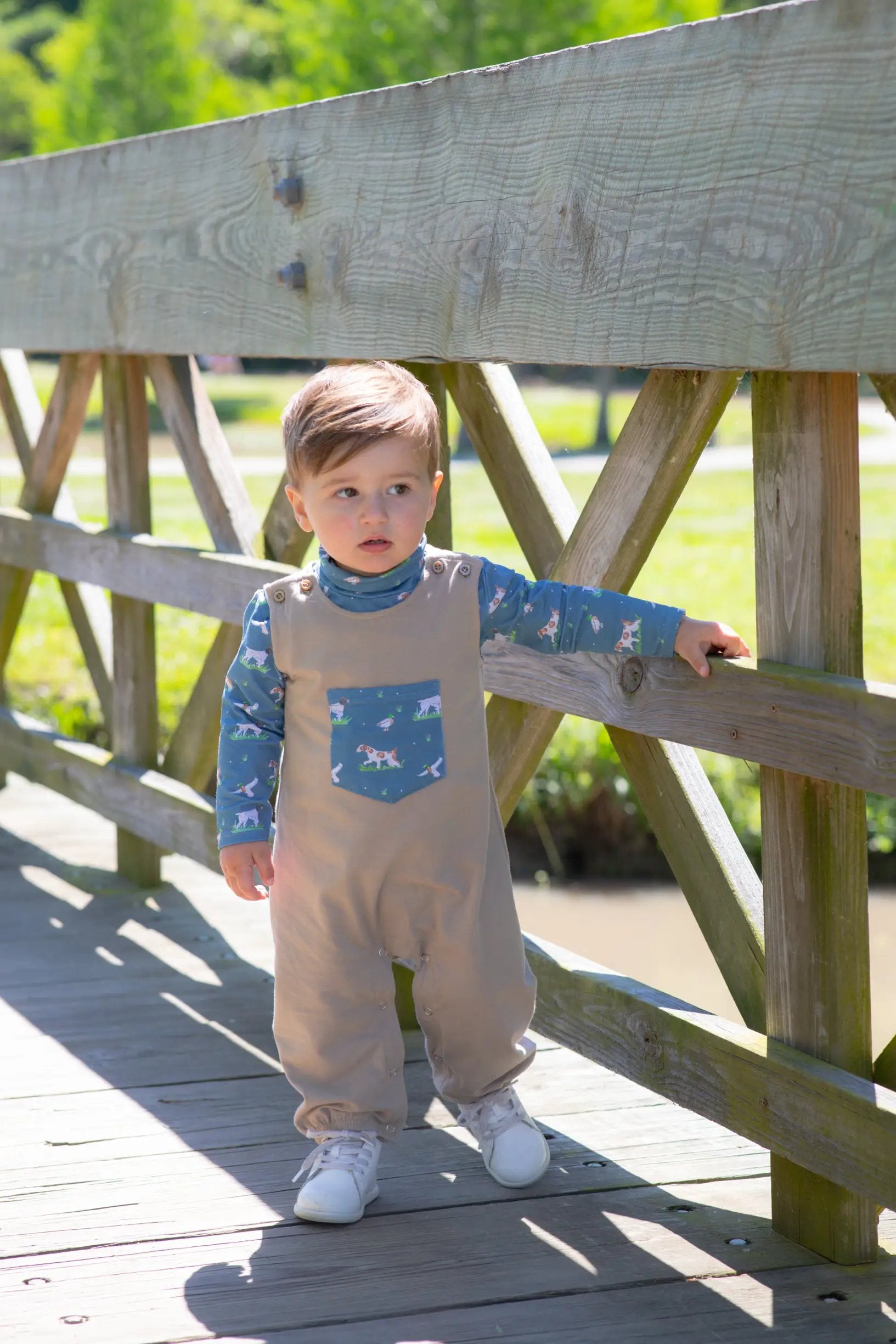 Trotter Street Kids Baby Boys Tan & Blue On the Hunt Longall Set