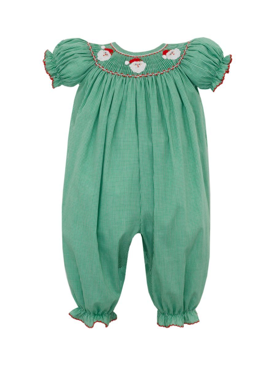 Petit Bebe Girls Green Gingham Smocked Holiday Santa Romper with Short Sleeves by Petit Bebe