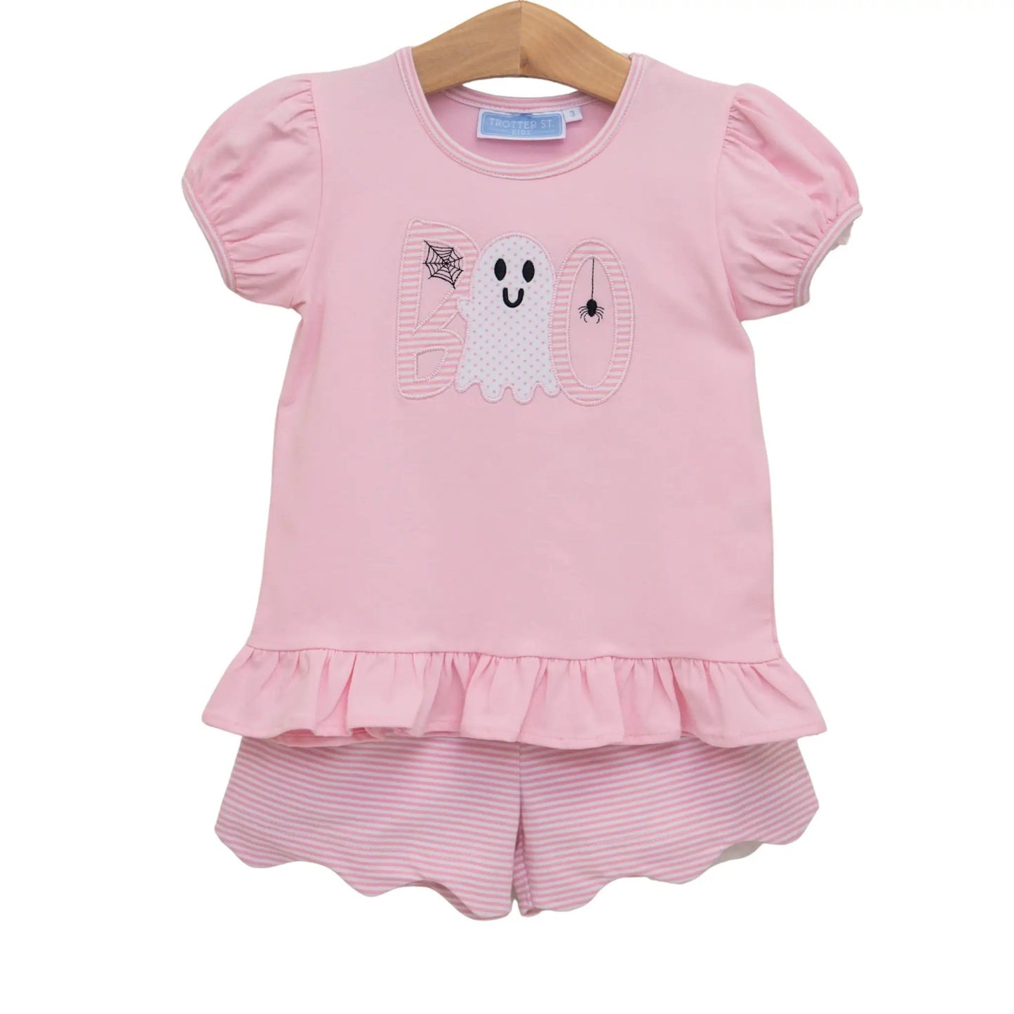 Trotter Street Kids Girls Pink Boo Scalloped Short Set