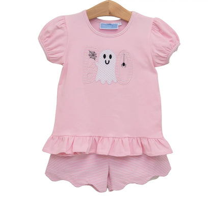 Trotter Street Kids Girls Pink Boo Scalloped Short Set