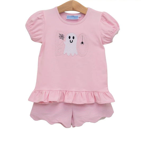 Trotter Street Kids Girls Pink Boo Scalloped Short Set