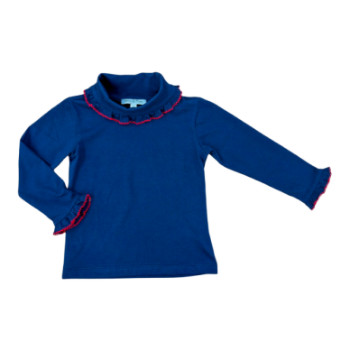 Percy & Tyne Girls Blue Turtleneck Top with Red Picot Trim