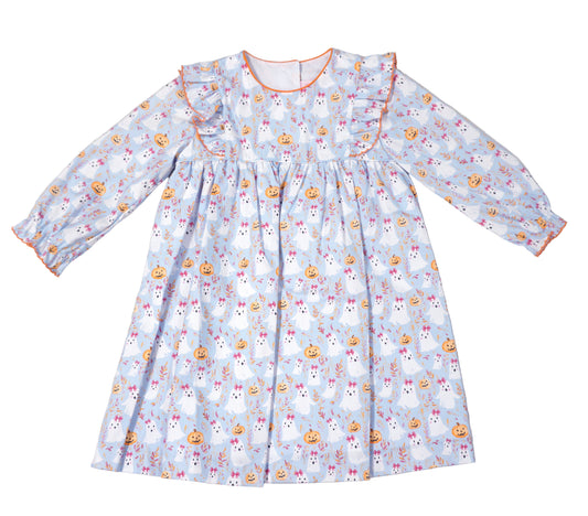 Petit Bebe Girls Blue Halloween Ghosts Print Dress by Petit Bebe