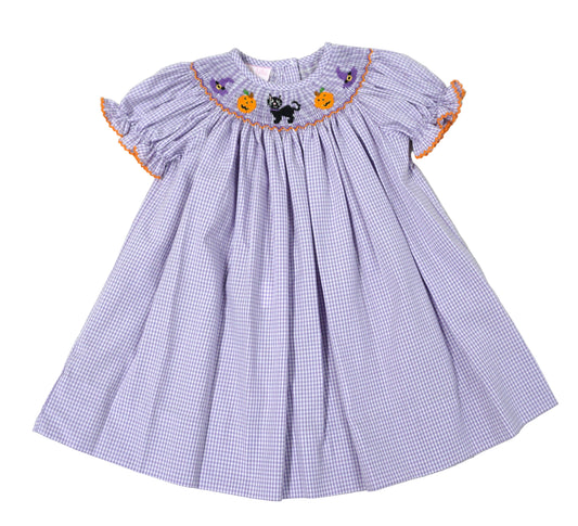 Petit Bebe Girls Purple Gingham Smocked Halloween Bishop Dress by Petit Bebe