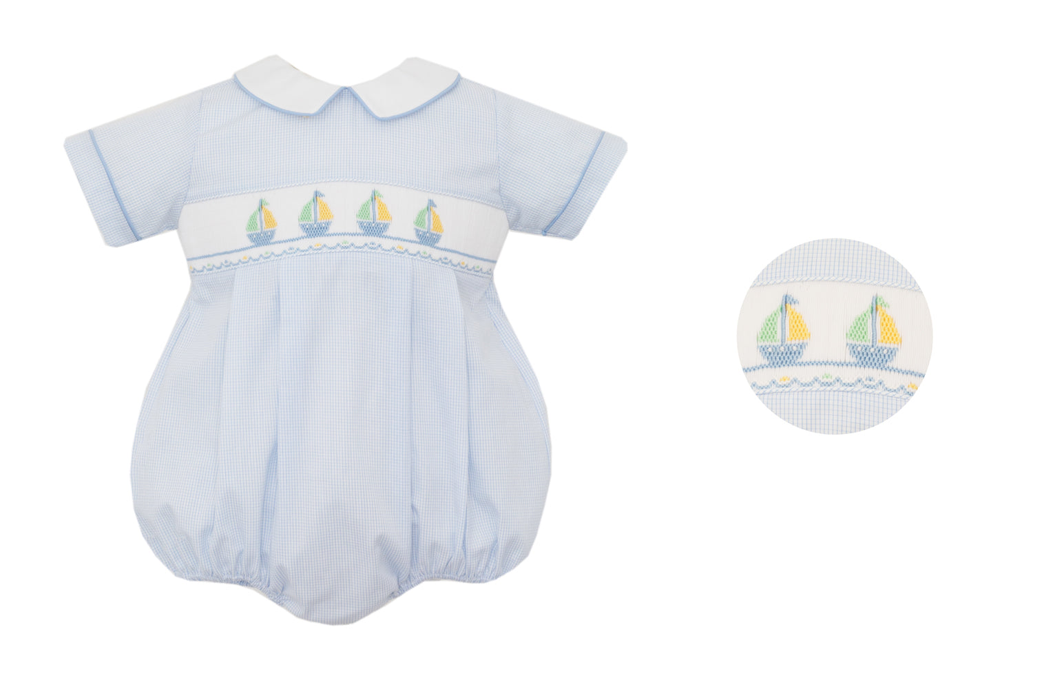 Petit Bebe Baby Boys Light Blue Check Bubble - Smocked Sailboats