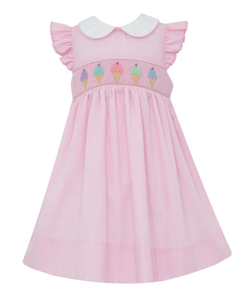 Petit Bebe Girls Pink Check Smocked Ice Cream Cones Dress with Collar 3T