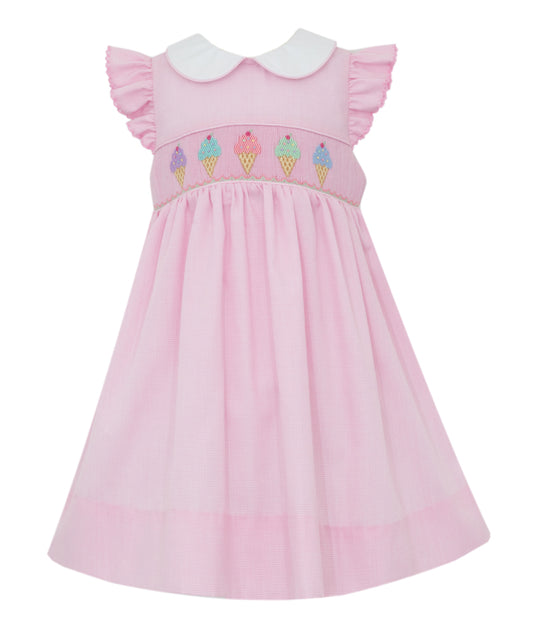 Petit Bebe Girls Pink Check Smocked Ice Cream Cones Dress with Collar by Petit Bebe