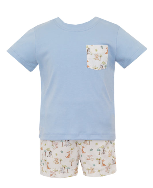 Petit Bebe Toddler Boys Safari Animals Print Shorts with Blue Pocket Shirt by Petit Bebe