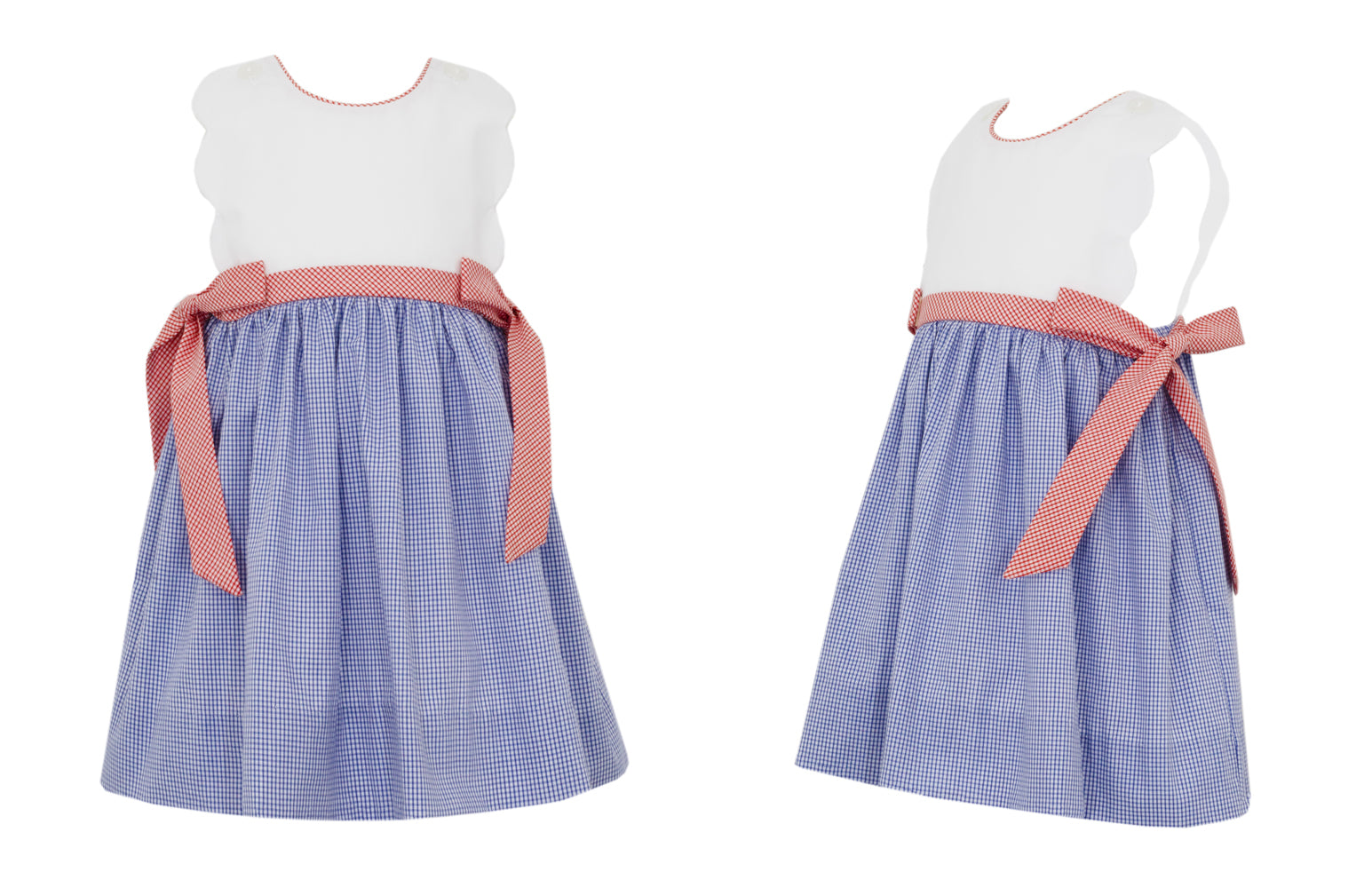 Petit Bebe Girls Royal Blue Check Sun Dress - Red Gingham Bows at Sides